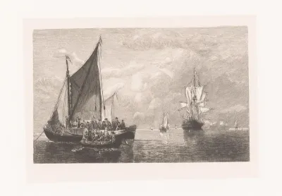 Zeegezicht met schip met soldaten