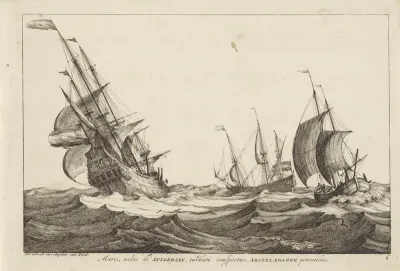 Zeegezicht met twee driemasters en een tweemaster op ruwe zee
