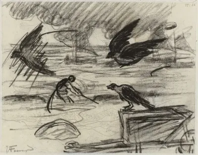 Zeegezicht met visser, op de voorgrond een kruiwagen met vogels