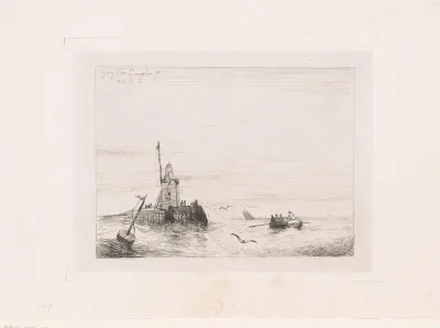 Zeegezicht met vuurtoren en roeiboot