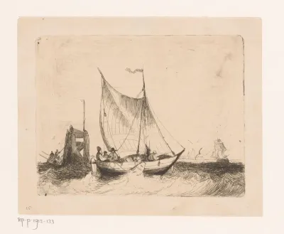 Zeegezicht met zeilboot en baken