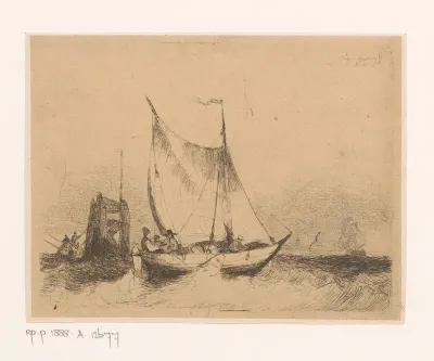 Zeegezicht met zeilboot en baken