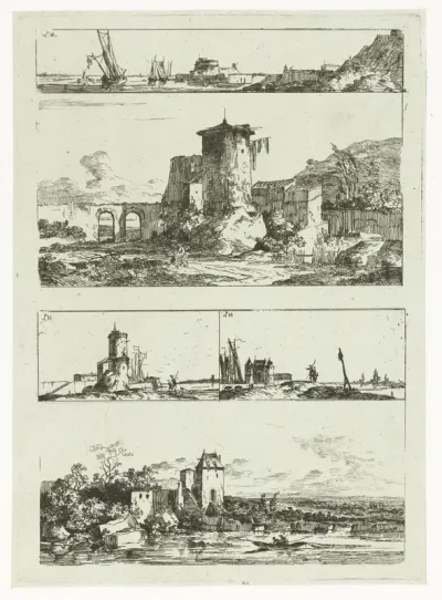 Zeegezicht, Ronde toren, De seinpost, Het sein en Huis aan de rivier