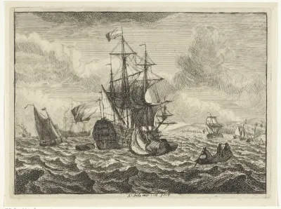 Zeegezichten met schepen en roeiboot