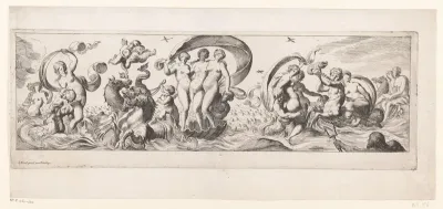 Zeegodinnen met in het midden Galathea, voortgetrokken op een vaartuig