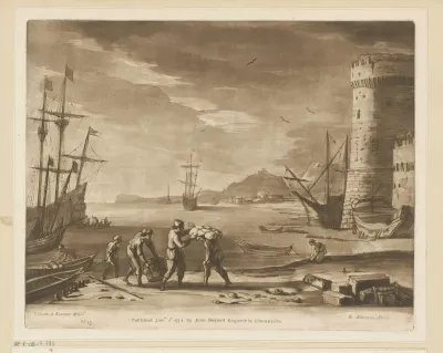 Zeehaven met figuren die koopwaar inladen op een roeiboot