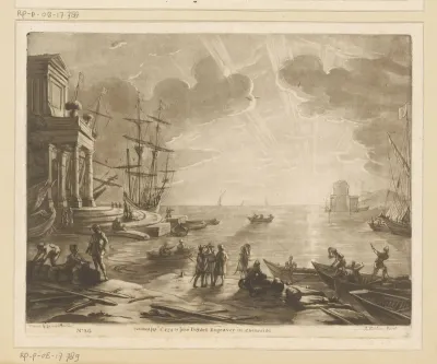 Zeehaven met klassiek gebouw en figuren aan wal, bij zonsondergang