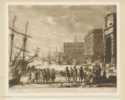 Zeehaven met markt aan wal en Renaissancistische gebouwen