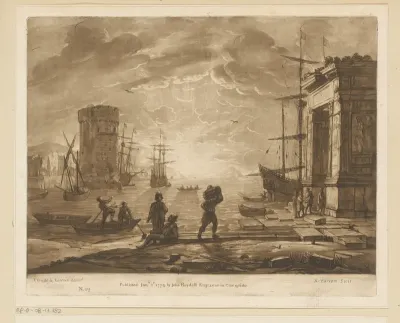 Zeehaven met Romeinse triomfboog, toren en ondergaande zon