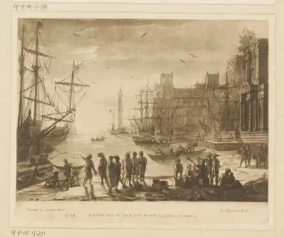 Zeehaven met veel figuren en twee gebouwen