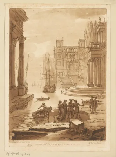 Zeehaven met zes figuren aan wal en drie gebouwen