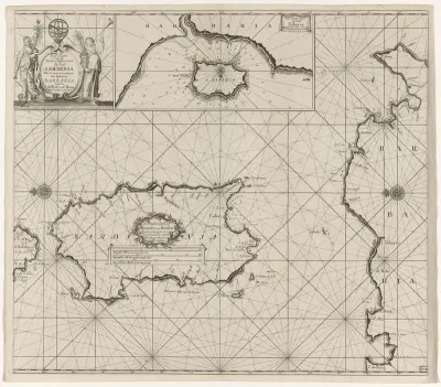 Zeekaart van het eiland Sardinië en een deel van de kust van Noord-Afrika