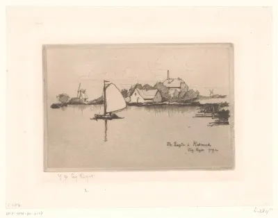 Zeelandschap met zeilboot en zicht op de oever