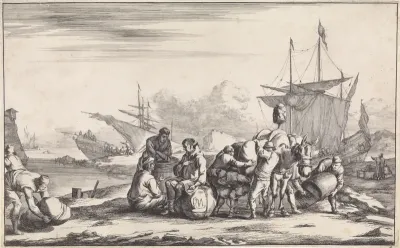 Zeelieden aan de waterkant en mannen beladen een ezel