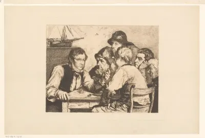 Zeelieden gezeten aan tafel luisterend naar een van hen