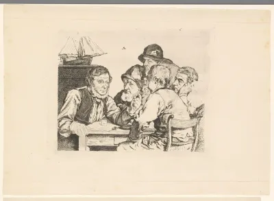 Zeelieden gezeten aan tafel luisterend naar een van hen