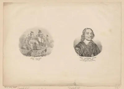 Zeeslag en portret van Maarten Harpertszoon Tromp