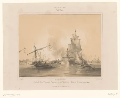 Zeeslag tussen een Frans schip en 25 Spaanse galeien