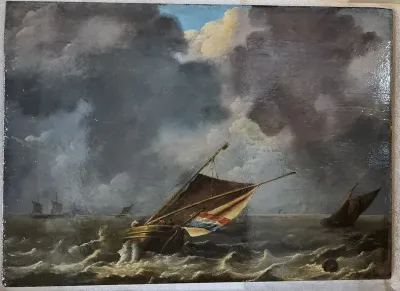 Zeestuk met op de voorgrond een schip met Nederlandse vlag tijdens een opkomende storm