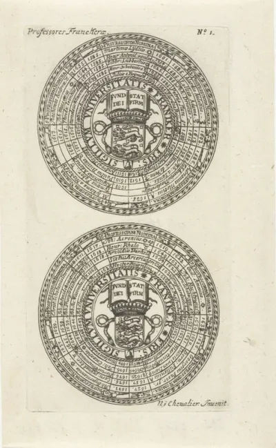 Zegels van de Universiteit van Franeker, met namen van de hoogleraren en het wapen van de universiteit