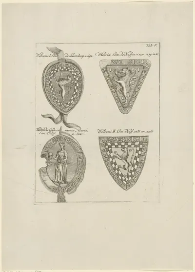 Zegels van Walram, graaf van Laurenburg, Hendrik II, graaf van Nassau, Machteld, gravin van Gelre en Walram II, graaf van Nassau