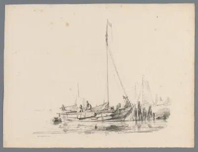 Zeilboot aan de waterkant met twee figuren