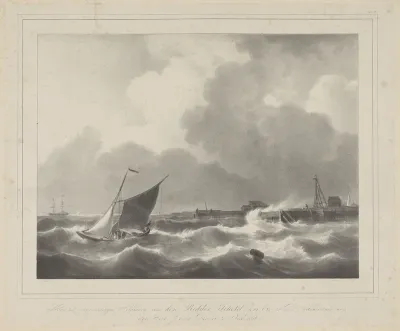 Zeilboot op hoge golven bij een haven