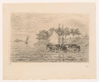 Zeilboten op een rivier, op de dijk staat een man te maaien