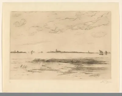 Zeilboten op het water, in de verte een stad