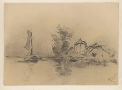 Zeilend schip, boerderij en hooischelf