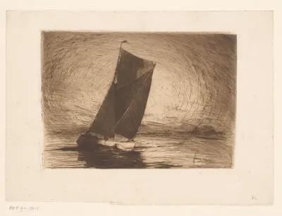 Zeilend schip met kustlijn op de achtergrond