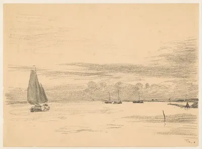 Zeilend schip met op de achtergrond schepen voor anker