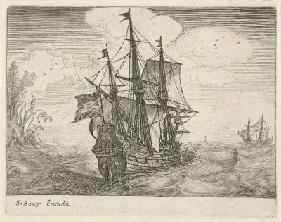 Zeilende driemaster met links een rotskust met bomen