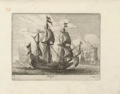 Zeilende driemaster met op de achtergrond een vuurtoren en zeilschepen