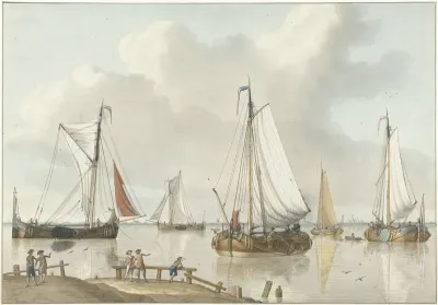Zeilschepen, aan de kant staan vijf mannen