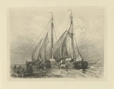 Zeilschepen aan een strand