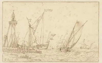 Zeilschepen bij een steiger met een grote lantaarn