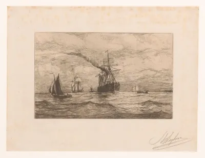 Zeilschepen, een roeiboot, en een zeilstoomschip op open water