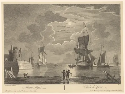 Zeilschepen- en boten aan de kust bij maanlicht