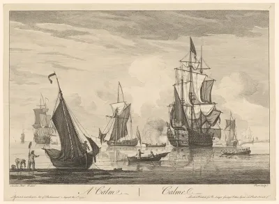 Zeilschepen- en boten op kalme zee bij een kust