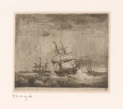 Zeilschepen en een raderstoomschip op zee