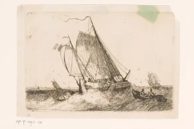 Zeilschepen en een roeiboot op onrustige zee