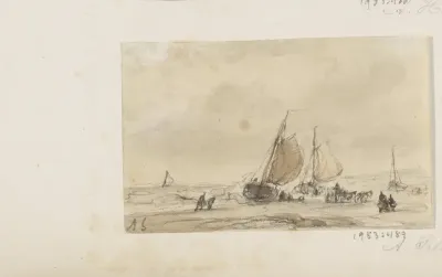 Zeilschepen en figuren op een strand