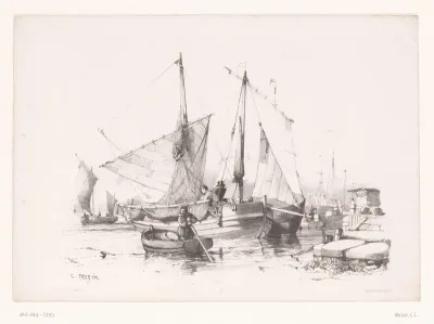 Zeilschepen en roeiboot aan de kade