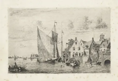 Zeilschepen en sloepen aan de kade bij een dorp