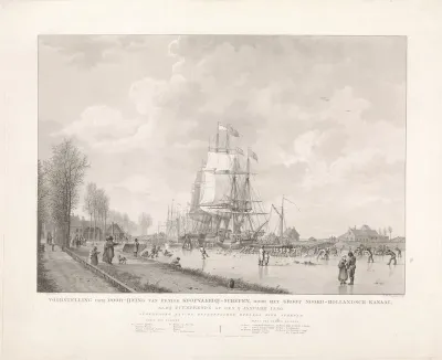 Zeilschepen op het bevroren Noordhollands kanaal bij Puremerend, 1830