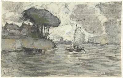Zeilschepen op het water, bij de oever