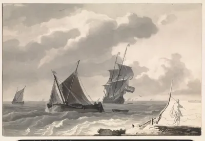 Zeilschepen op woelig water voor de kust