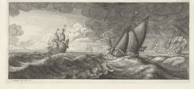 Zeilschip en drie oorlogsschepen in een zeestorm