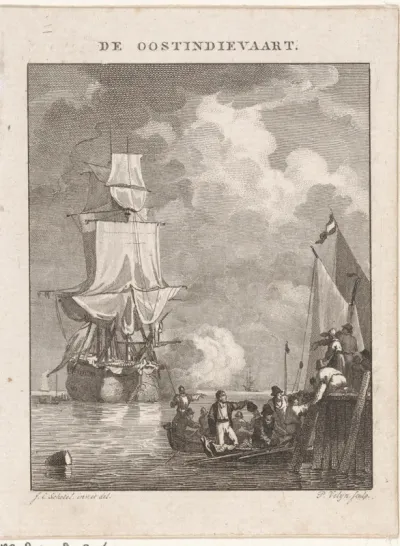 Zeilschip en een sloep bij een havenhoofd